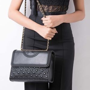 Tory Burch black lambskin Fleming convertible shoulder bag